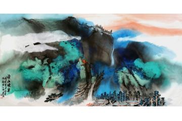 瞿塘新品创作四尺横幅山水画《溪山晚翠》