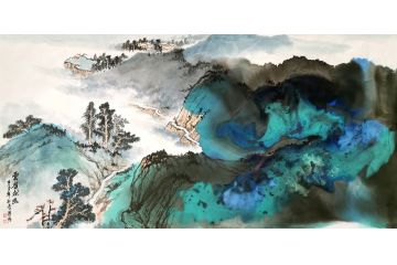 瞿塘新品创作四尺横幅山水画《云岭探幽》