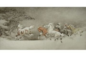 孟宪涛新品创作六尺横幅动物画八骏图《穷款》