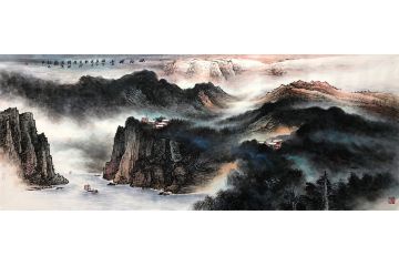 张绪洪新品力作六尺横幅国画山水画《峡江烟云》