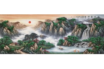 温牧原新品六尺横幅聚宝盆山水画《旭日东升》