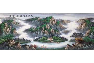 温牧原新品六尺横幅聚宝盆山水画《云满春岭》