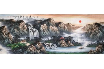 温牧原新品六尺横幅聚宝盆山水画《山水清音》