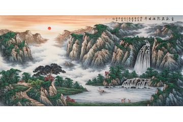 温牧原新品力作聚宝盆山水画《生机盎然旭日升》