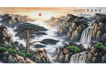 温牧原新品力作青绿山水画作品《青松迎客》
