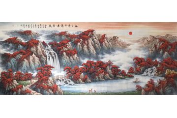 温牧原国画聚宝盆山水画《旭日东升鸿运当头》