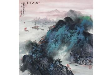资春成新品国画斗方山水画《湖山春韵》