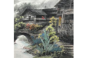 小品装饰画 资春成新品国画斗方山水画《乡情》