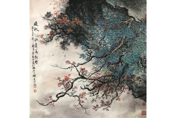 资春成新品国画斗方山水画《过秋红叶落新诗》