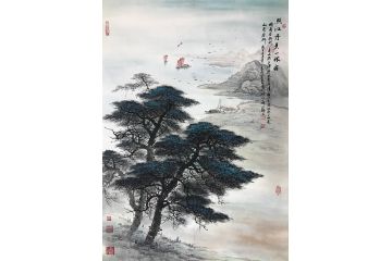资春成新品四尺竖幅山水画《照江丹叶一林霜》