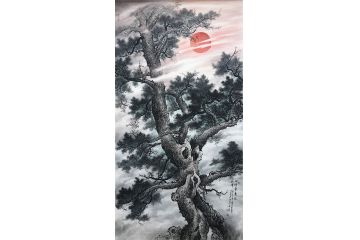 资春成新品四尺竖幅山水画《四时常青迎朝晖》