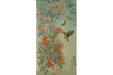 陈松岩四尺竖幅工笔花鸟画作品《暖风飘过花盛开》