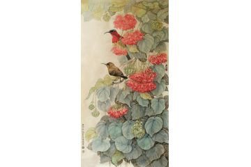 陈松岩四尺竖幅工笔花鸟画作品《穷款》