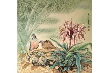 陈松岩斗方画工笔花鸟画作品《穷款》
