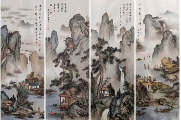 钱连月新品国画仿古山水画《山水四条屏》