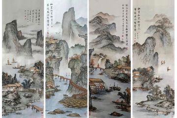 写意仿古画 钱连月新品创作国画《山水四条屏》