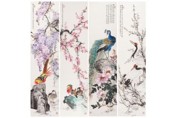 著名画家赵永夫写意花鸟画作品《花鸟四条屏 》