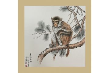 汤希忠写意动物画《十二生肖系列之金猴献瑞》