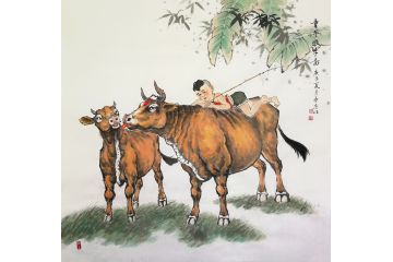 汤希忠四尺斗方写意动物画《童子牧牛图》