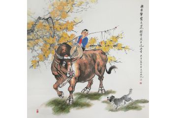 甘肃美协会员汤希忠写意动物画《耕牛犁罢禾田晚》