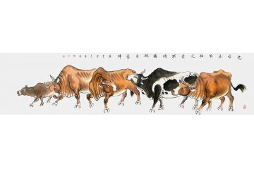汤希忠四尺横幅写意动物画《老牛亦解韶光贵》