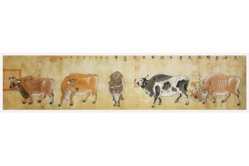 汤希忠四尺横幅写意动物画《老牛亦解韶光贵二》