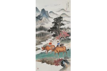 甘肃美协会员汤希忠写意动物画《童子牧归图二》