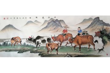 汤希忠六尺横幅写意动物画《五牛载福图》