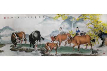 甘肃美协会员汤希忠写意动物画《五牛载福图二》