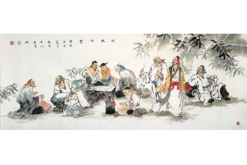 汤希忠六尺横幅写意人物画《竹林七贤》