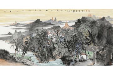 王柏松国画山水画《山静人初吐，霏微触石新》
