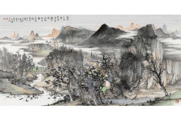 王柏松山水画作品《落日下前峰,轻烟生远林》
