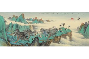 黄开丛新品创作国画山水画作品《春晖鹤鸣》
