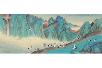 黄开丛新品创作国画青绿山水画《幽谷鹤鸣》