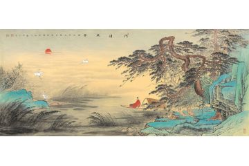 黄开丛国画创作仿古山水画《旭日琴声》
