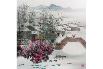 江南山水精美小品 诸明新品山水画《小桥流水人家》