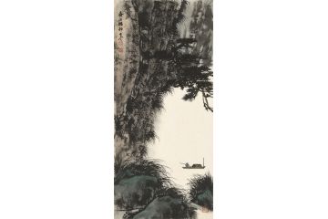 美协岑今新品创作写意山水画《春江独钓》