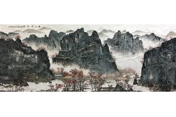 美协岑今创作山水画《春山叠翠图》