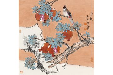 著名画家周同祥斗方写意花鸟画《穷款》
