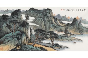 中美协会员荣小松国画山水画《松鹤晴云》