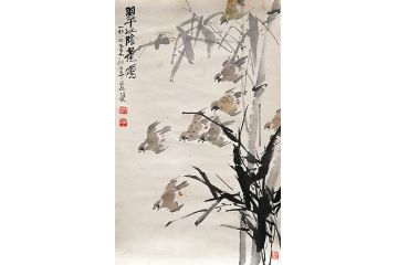 知名画家郭逢挺写意花鸟画《翠阴雀鸣》