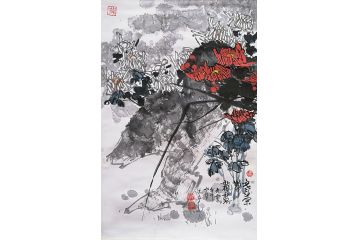 知名画家郭逢挺写意花鸟画《寒菊带霜露》