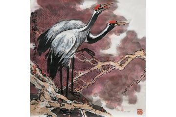 知名画家郭逢挺写意花鸟画《鹤鸣图》
