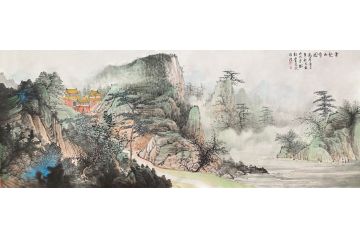 周扬波新品国画六尺横幅作品《云起山寺图》