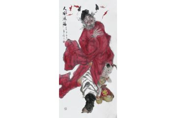 柳子峻四尺竖幅写意人物画《天降鸿福》