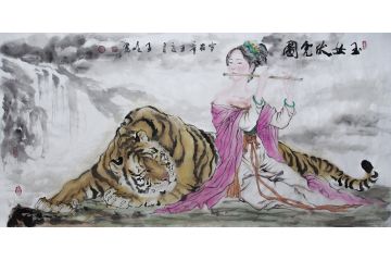 柳子峻新品写意人物画《玉女伏虎图》