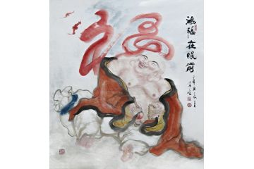 柳子峻斗方写意人物画《鸿福在眼前》