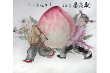 柳子峻斗方写意人物画《献寿图》