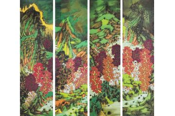 著名画家胡朝水重彩山水画《山水四条屏》