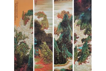 著名画家胡朝水重彩山水画《山水四条屏》